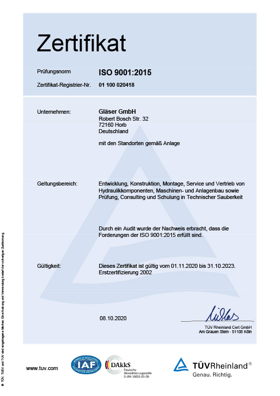 Certificate ISO 9001 Gläser GmbH<br>german Version