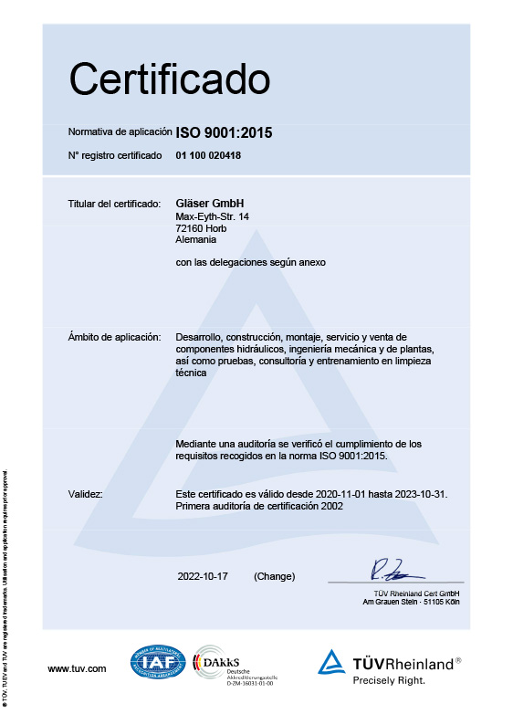 Certificate ISO 9001 Gläser<br>spanish Version