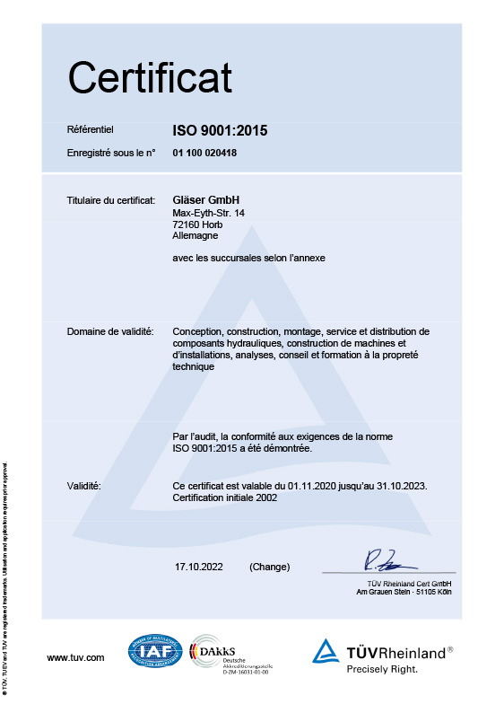 Certificate ISO 9001 Gläser<br>french Version